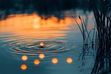 Sunset reflection on calm water with ripples and reeds.