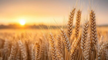 Fototapeta premium Golden wheat concept. Golden wheat field at sunrise, showcasing nature's beauty and agricultural abundance.