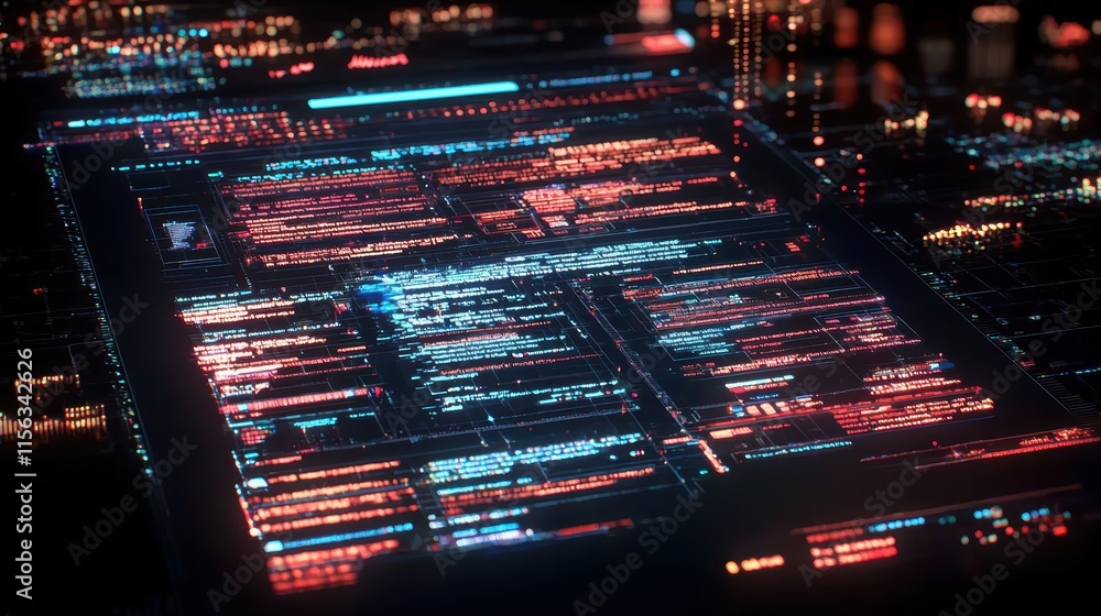 Poster neon digital interface with data streams and futuristic design
