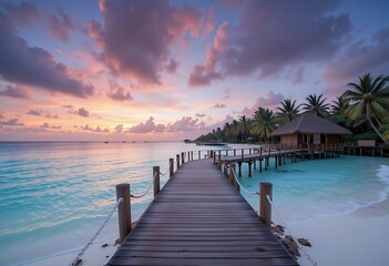 Fototapeta premium Wooden walkway leads to tropical overwater bungalows at sunset