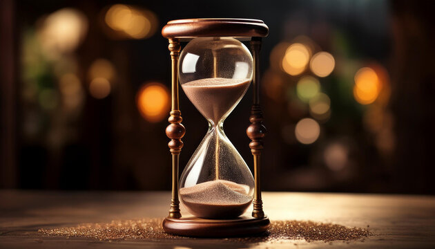 hourglass on table with a black background with blurred orange light