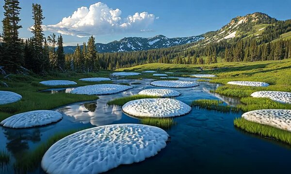 A serene landscape featuring snow patches and lush greenery under a clear blue sky.