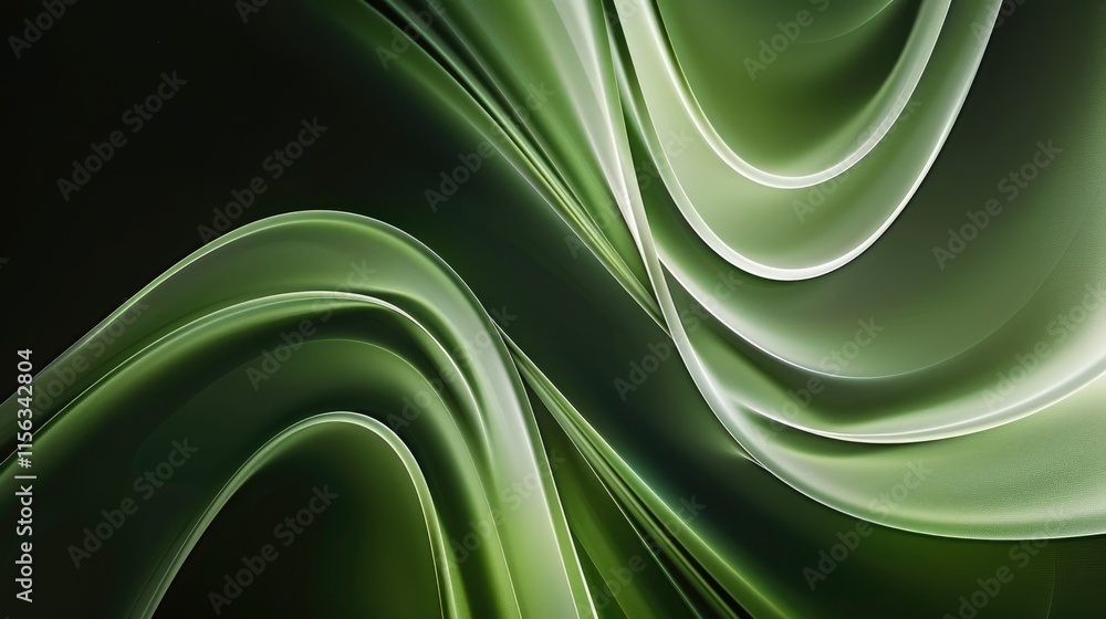 Poster abstract green waves creating a smooth, flowing pattern on a dark background.