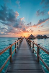 Fototapeta premium Wooden walkway leads to overwater bungalows at sunset