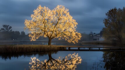 Obraz premium A tree with golden leaves that glow softly at night. The tree is in a serene setting with a calm lake reflecting the tree's image. There's a wooden dock extending over the lake. The background reveals