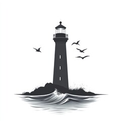 Silhouette of lighthouse on rocks with waves and flying birds.