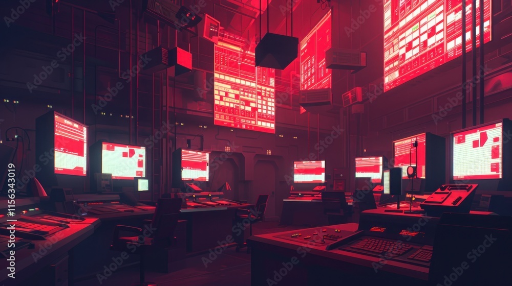 Poster red-lit futuristic server room with numerous computers and data cubes.