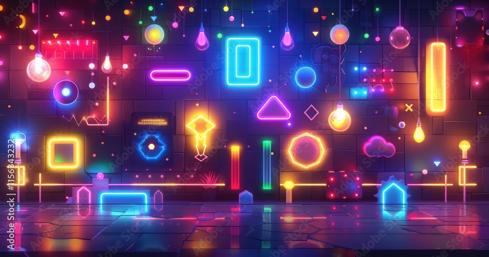 Poster a vibrant display of neon shapes and lights against a dark background, creating a dynamic atmosphere