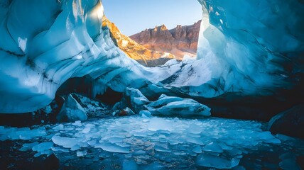 A photo of a massive ice cave glowing with shades of blue. The cave has a mix of smooth and rugged ice walls, with some sections appearing almost translucent. There are also some rocks within the cave