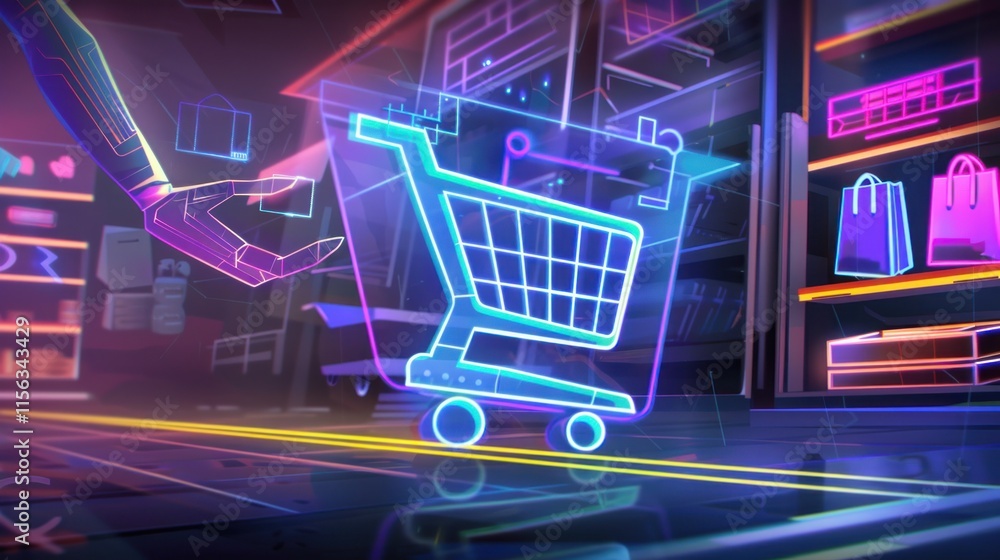 Poster futuristic online shopping cart with robotic hand adding items.