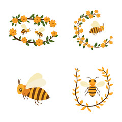 Elements Set of Honeybee Bee Insect Animal Flying with Yellow Flower Crown