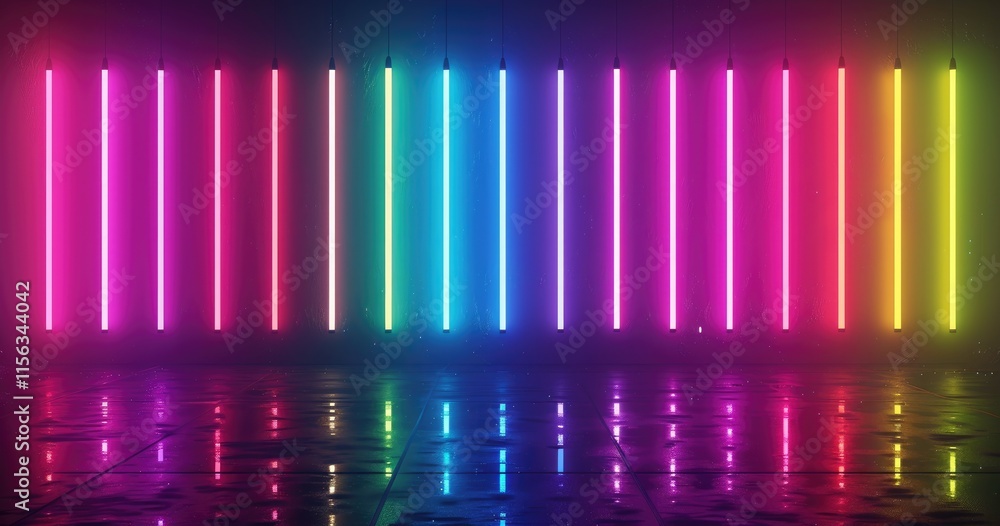 Aufkleber a vibrant display of neon lights creating a colorful wall effect with reflections on the floor.