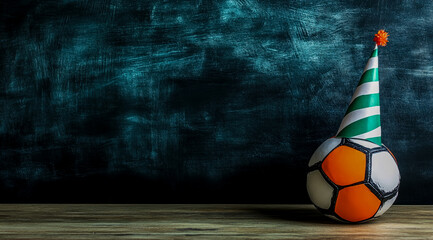 Blackboard background with a soccer ball and party hat