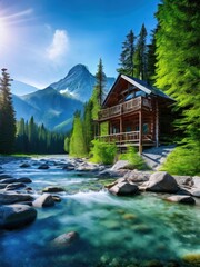 Obraz premium the AI Image Generator, Cabin by a Flowing River and Snowy Mountain Backdrop