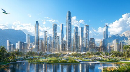 Futuristic city skyline with skyscrapers, mountains, and park.