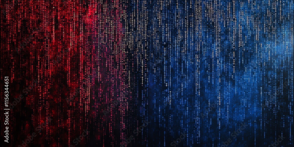 Poster abstract digital background with red and blue flowing lines on a dark background.