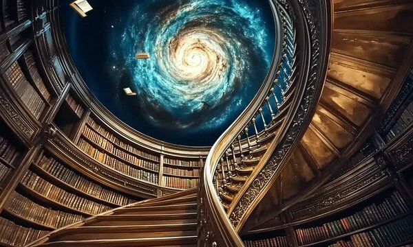 A spiral staircase leads to a cosmic library, blending knowledge with the universe's mysteries.