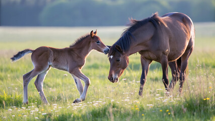 A newborn foal, just hours old, attempts its first steps, guided by its mother's watchful presence.Mother and foal share a moment of connection in a vibrant green field.