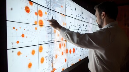Man Interacts With Large Data Visualization Display