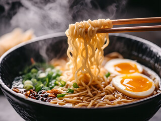 Ramen noodles being pulled by chopsticks with an egg