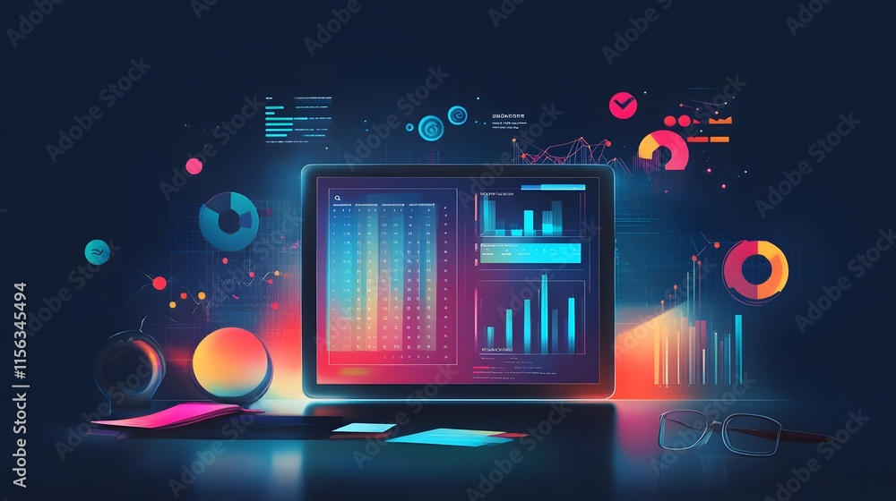 Poster modern laptop displays data analytics charts graphs