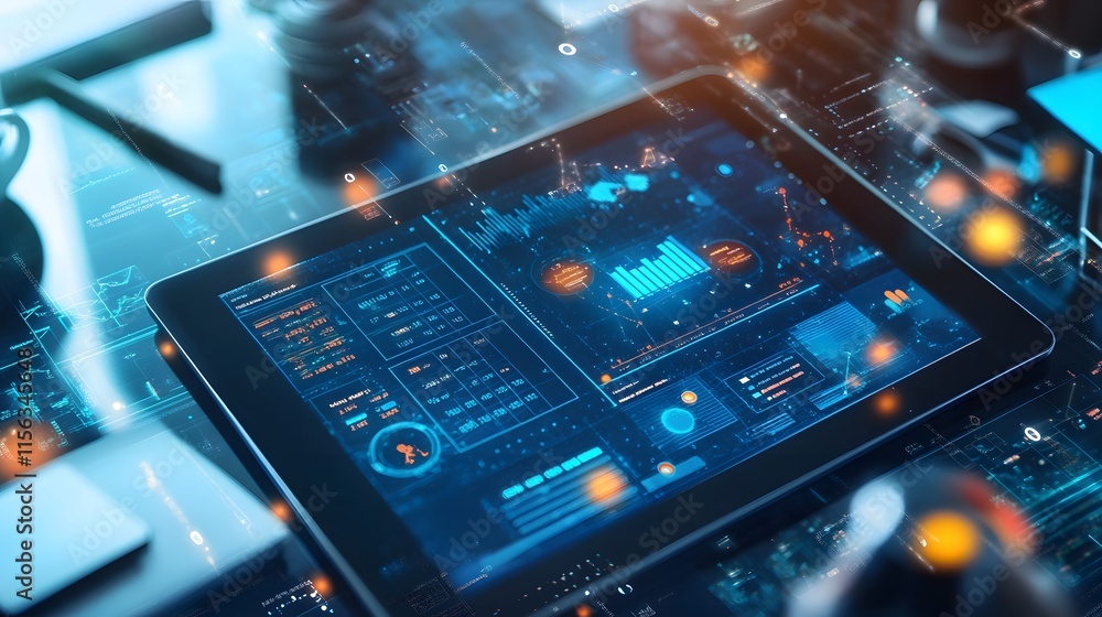 Poster tablet displaying futuristic data and charts