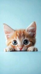 Ginger Tabby Kitten Peeking Over a Blue Edge with Wide Curious Eyes – Minimalist Pet Portrait on Light Background