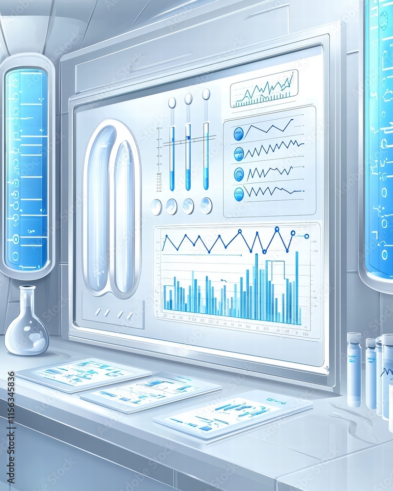 Poster futuristic laboratory with data analysis screens and test tubes
