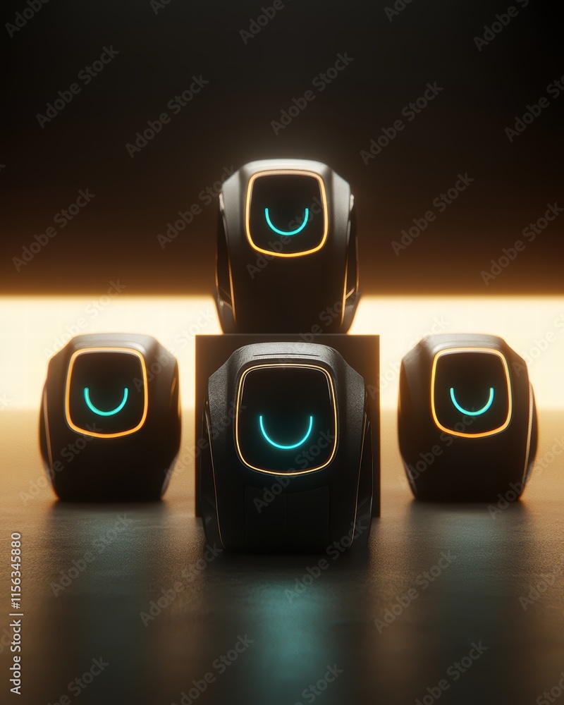 Poster futuristic robots with glowing features in modern setting
