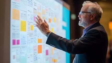 Man reviewing project notes on a digital whiteboard