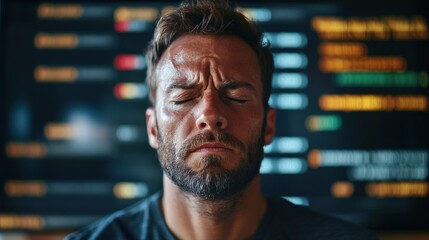 Obraz premium Frustrated developer at computer, facing challenges in coding and debugging, embodies the perseverance and resilience required in the tech industry.