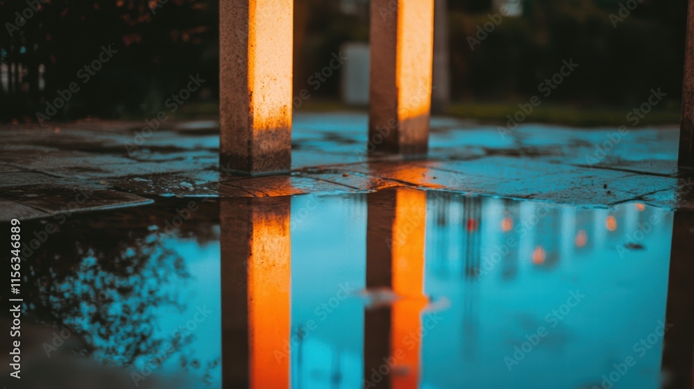 Poster reflections of light and color in wet pavement at dusk
