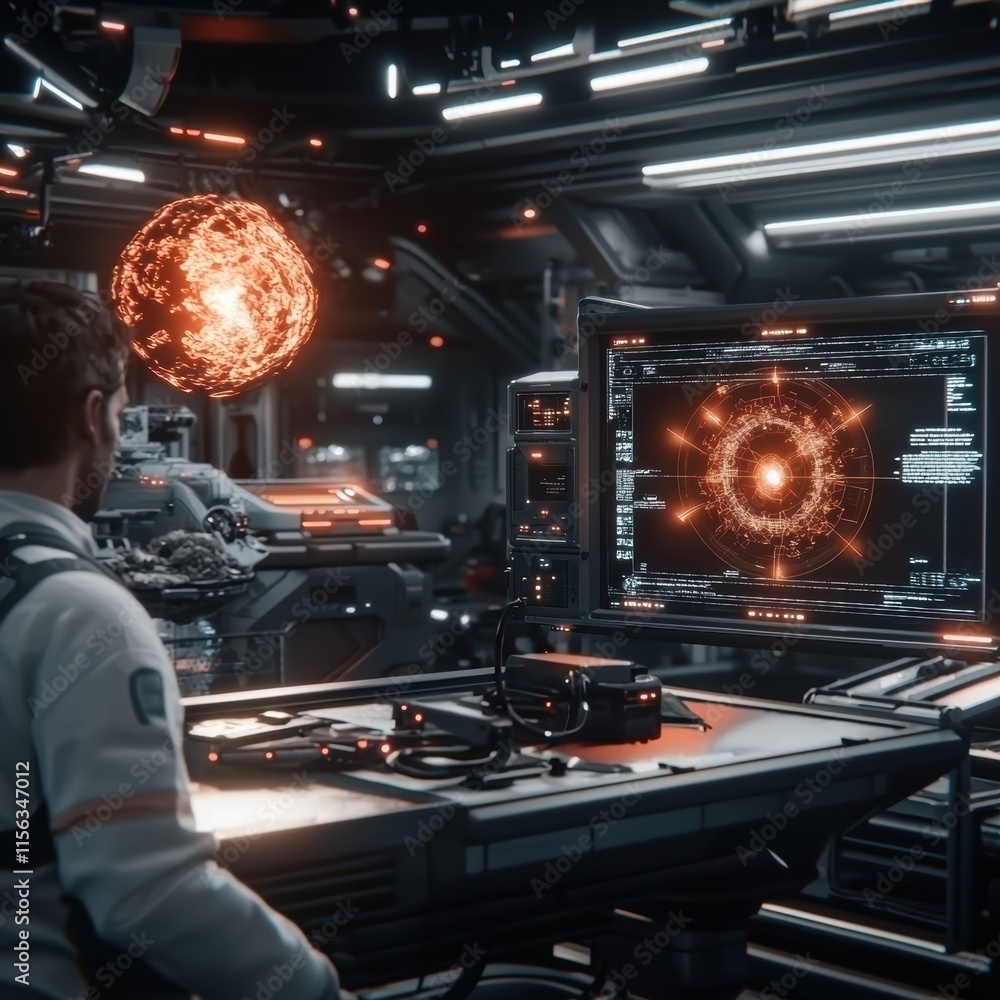Poster futuristic space command center with high-tech display and star model