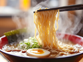Ramen noodles being pulled by chopsticks with an egg