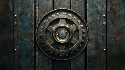 Industrial Gear on Metal: A close-up shot of a large, worn gear with a star-shaped center, mounted on a dark, textured metal surface.