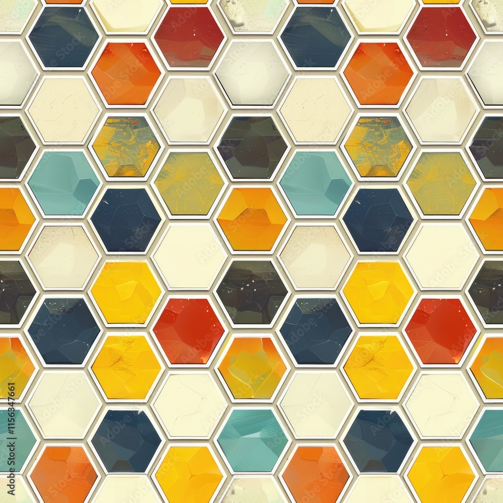 Aufkleber a colorful hexagonal tile pattern featuring various shades and textures.
