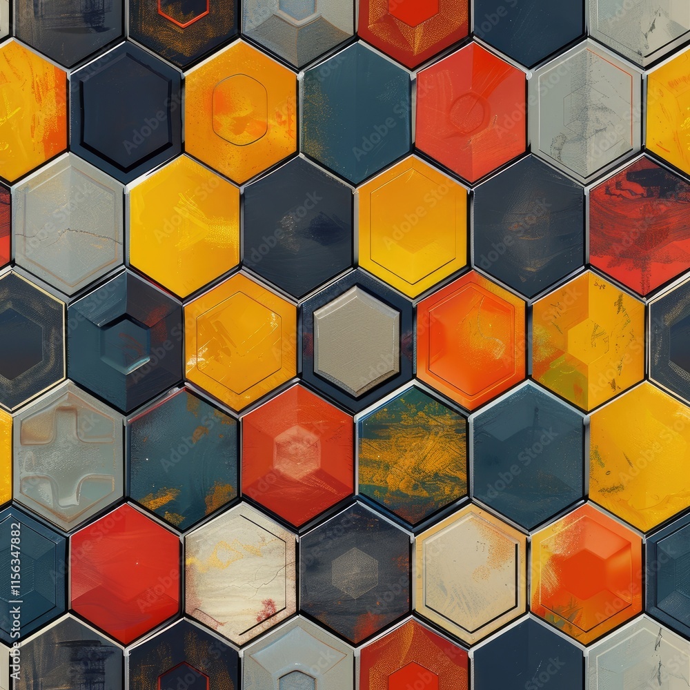 Poster a vibrant hexagonal tile pattern featuring various colors and textures.