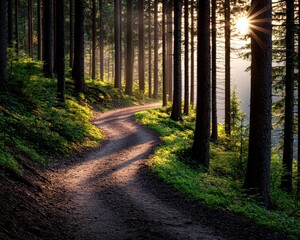 Fototapeta premium A serene forest path illuminated by golden sunlight, surrounded by tall trees and lush greenery, creating a peaceful atmosphere.