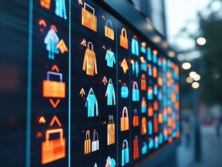 A vibrant digital display showcasing shopping icons like bags, clothing, and locks, emphasizing retail and consumer engagement in a modern environment.