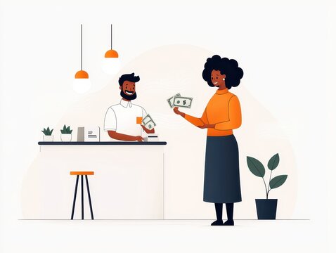 A woman hands money to a cashier in a modern shop, showcasing a friendly transaction in a vibrant, welcoming environment.