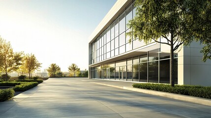 Obraz premium Modern Office Building: A sleek, contemporary office building bathed in warm sunlight, showcasing a grand facade with floor-to-ceiling windows and a landscaped approach.