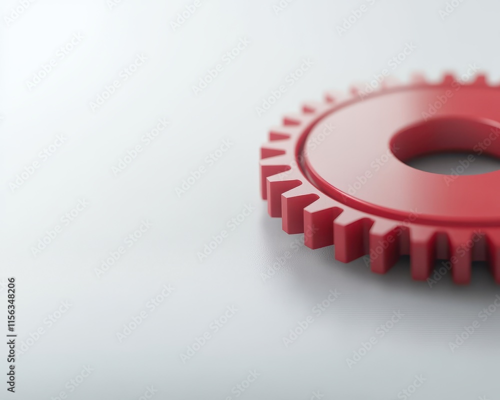 Poster a close-up of a red gear on a smooth surface, showcasing its teeth and central hole, emphasizing mec