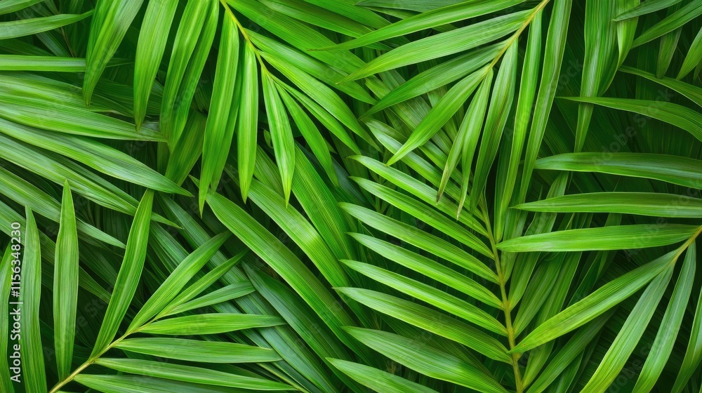 Aufkleber greenery palms idea. close-up of vibrant green palm leaves creating a lush, tropical background.