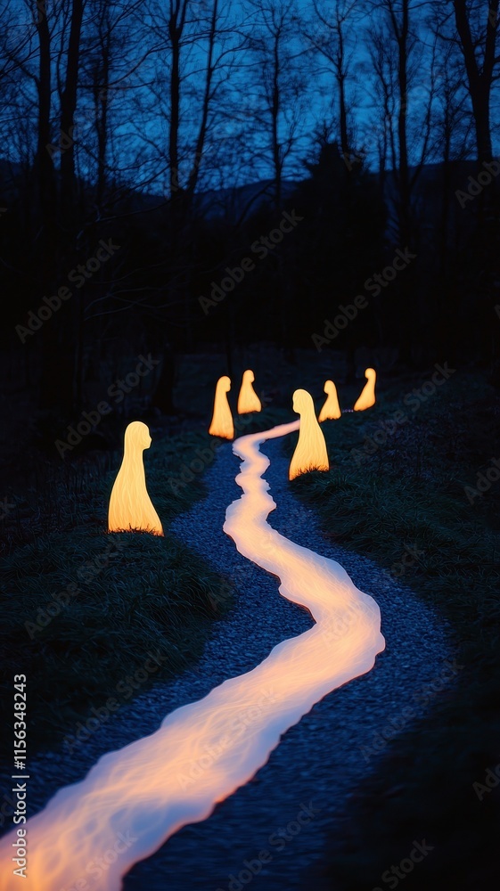 Aufkleber ethereal figures illuminated along a winding path create a mystical atmosphere in a dark forest sett