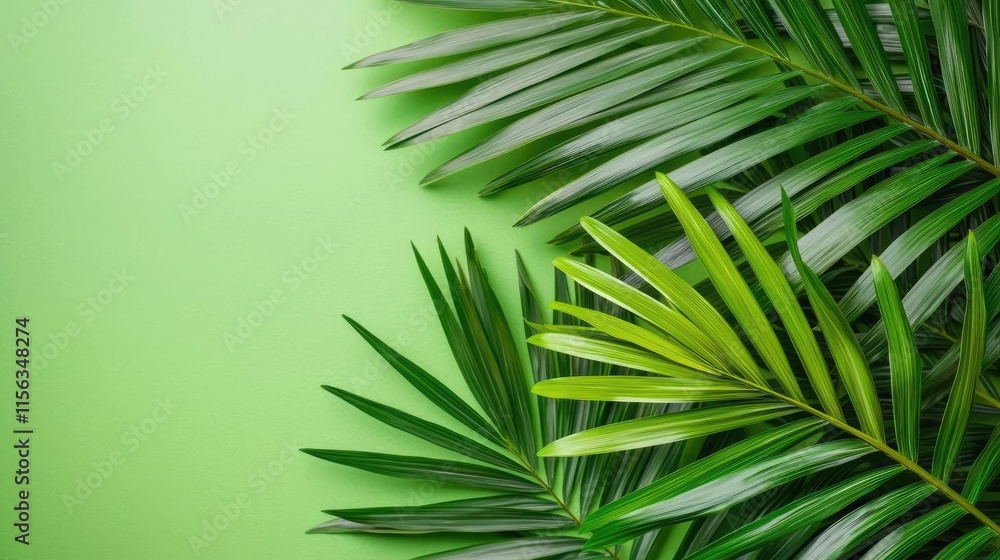 Poster greenery palms idea. vibrant green palm leaves on a soft green background for nature and design them