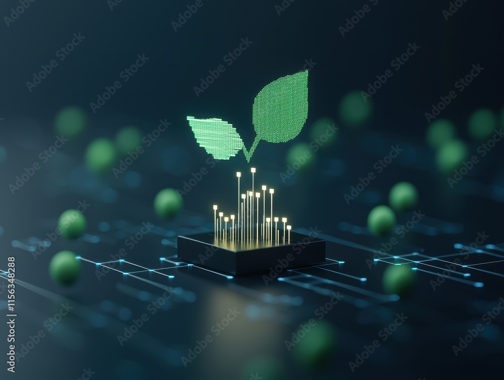 Poster a digital representation of a plant emerging from a circuit board, symbolizing the intersection of n