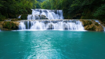 Fototapeta premium A serene waterfall cascades over rocks into a turquoise pool, surrounded by lush greenery, creating a tranquil natural oasis.