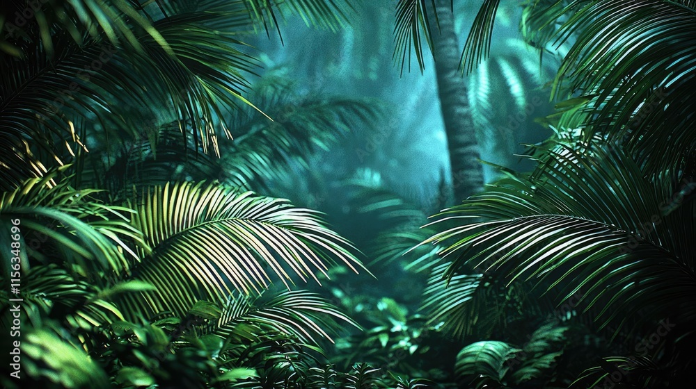 Poster greenery palms idea. lush green tropical jungle with vibrant foliage and soft light filtering throug