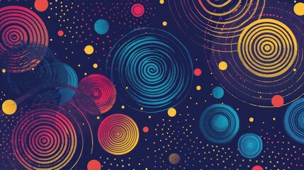 Abstract design featuring colorful concentric circles and dots on a dark background.