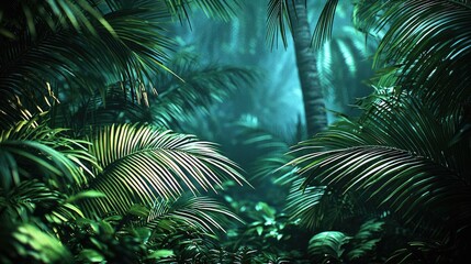 Greenery palms idea. Lush green tropical jungle with vibrant foliage and soft light filtering through leaves.